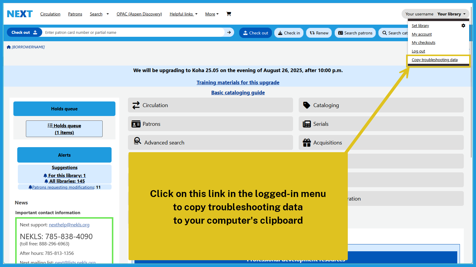 Location of link on Koha home page